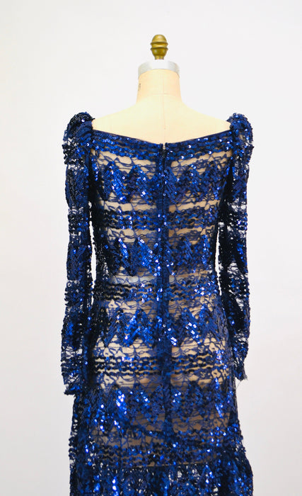 Vintage 80s 90s Lace Sequin Dress Metallic Blue  Sheer Long Sleeve Sequin lace Sequin Dress // 80s Vintage Black Metallic Lace Barbie Dress