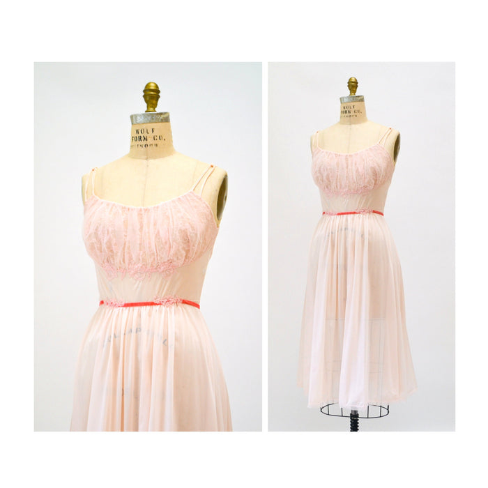 1960s 60s Vanity Fair Vintage Nightgown Nighty Dress Camisole Small Medium Pink Lace Sheer Wedding Honeymoon Nightgown Slip Dress Pink Tank