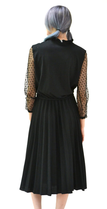 Vintage Black Dress Knit Medium Large Illusion Dress// 70s 80s Black Knit Dress Ruffle Neck Pleat Skirt Travel Dress Medium Large