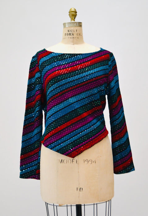 80s Vintage St John Striped Sweater Top Red Black Metallic Cropped Sweater Knit Medium Large St John Evening Party Top Striped Long Sleeves