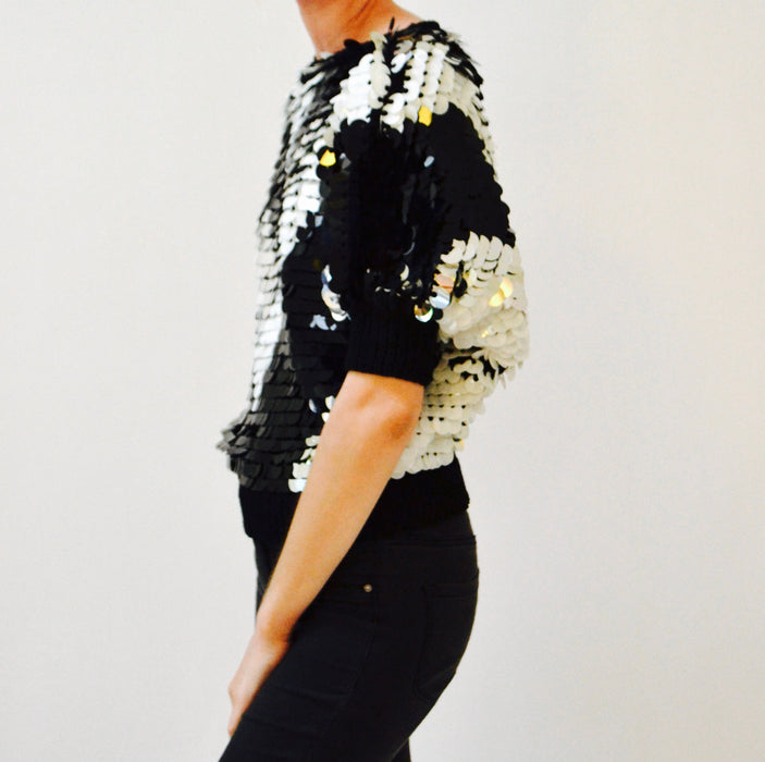Vintage Black Sequin Shirt Black White Silver Small Dolman Batwing Sleeves 80s 90s Disco// Vintage Black Metallic Sequin Top Large Sequins