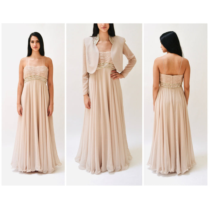 90s Vintage Wedding Party Tan Nude Evening Gown Jacket Rhinestone Beaded Dress Small Medium// Rose Taft Mother Of the Bride Wedding Dress