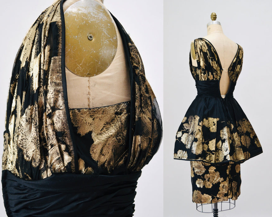 60s Vintage Black Gold Metallic Lillie Rubin Party Cocktail Dress Small //Vintage Black Gold Pin Up Party Dress vintage Designer Party Dress
