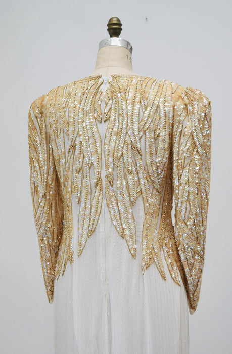 80s 90s Vintage off white Silver Cream Beaded Sequin Dress Gown Medium Pageant Wedding Party Dress Large White Beaded Dress