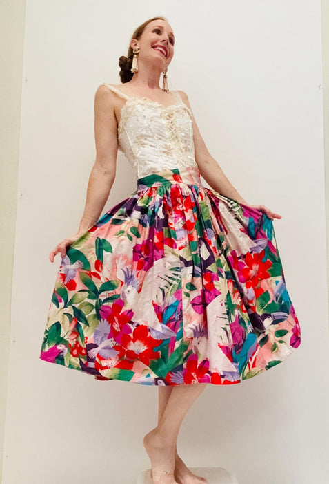 80s Charles Jourdan Vintage Tropical Floral Print Bird Print Skirt Medium Cotton Summer Tropical Beach Cruise Party skirt Made in France