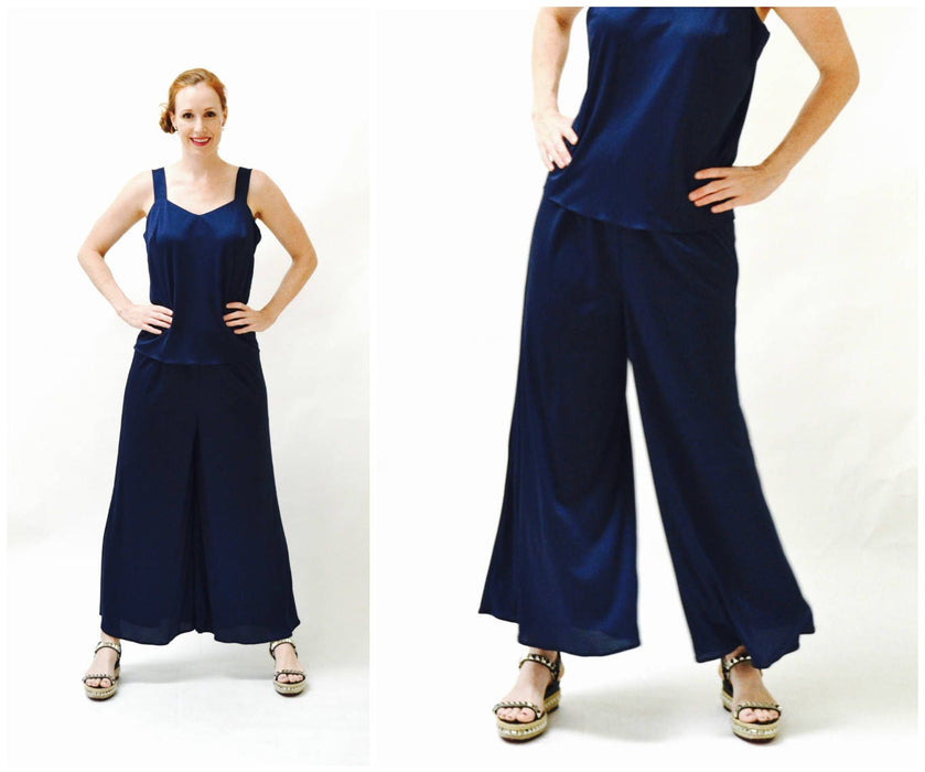 70s Vintage Wide Leg Palazzo Pants and Tank Top Cami Navy Blue Large// Vintage 70s Pantsuit Set Wide Leg Pants Knit Navy Blue
