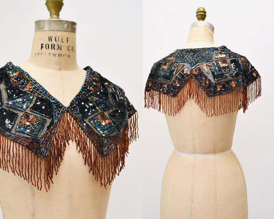 90s Vintage Beaded Fringe Shawl Wrap Burlesque Wedding Flapper Brown Black Metallic Beaded Vintage Fringe Collar Shawl Showgirl Festival