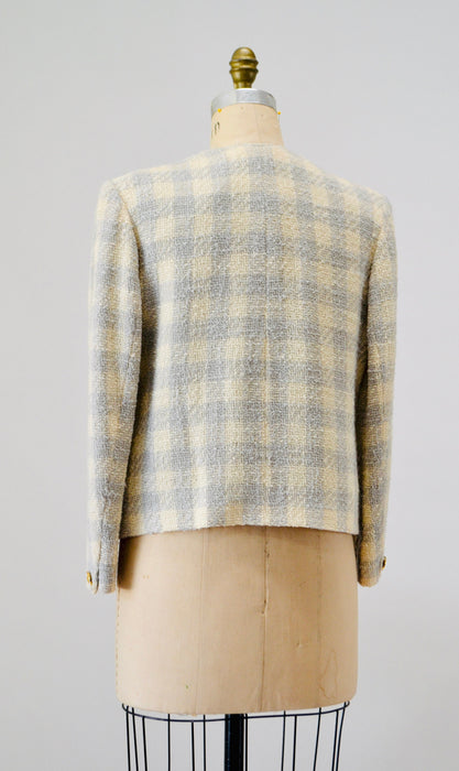90s Vintage Cream Grey Boucle Plaid Jacket By Louis Feraud US 10 Medium Off White Grey Boucle Wool Houndstooth Plaid Jacket Small Medium