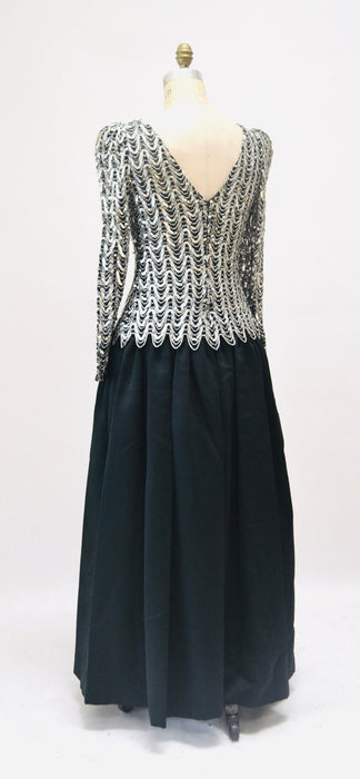 70s 80s Vintage Black Sequin Long Dress by Lillie Rubin Small Medium// Vintage Disco Metallic Silver Gold Black Sequin Dress Evening Gown