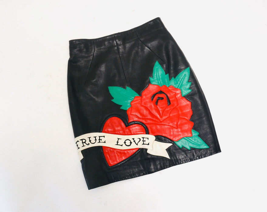 Vintage Black Leather Skirt with True Love Heart by Michael Hoban North Beach// 90s Vintage Black Leather Skirt XS Small Tattoo