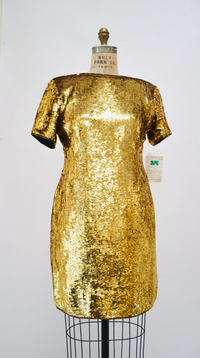 80s 90s Vintage Gold Sequin Dress Vintage Gold Metallic Dress Small Medium// Sequin Dress Flapper Inspired Cher Dress 80s Glam