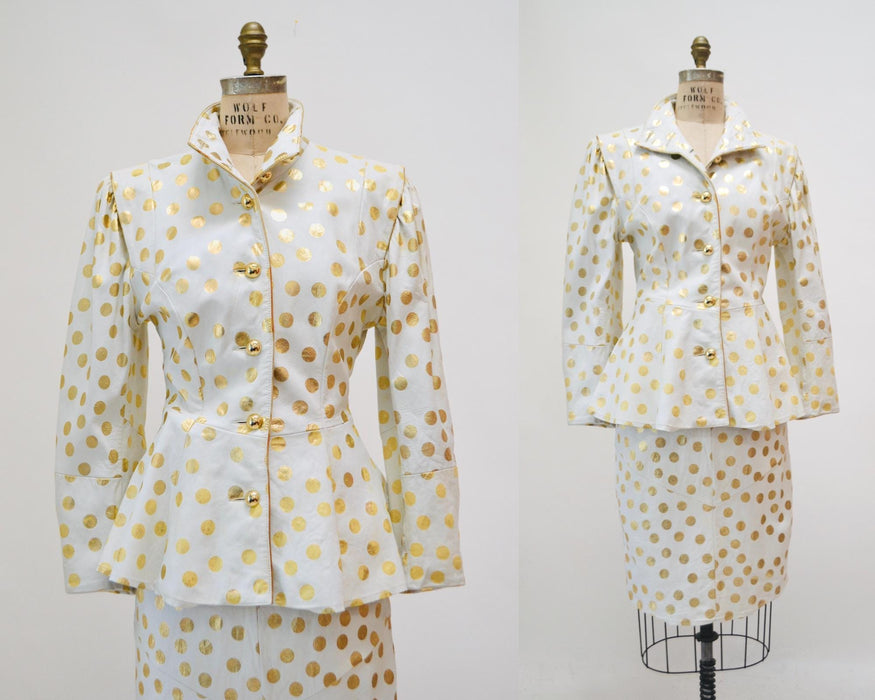 80s Vintage White Gold Polka Dot Leather Jacket and Skirt Set Jacket Lillie Rubin Medium Large 80s Glam Wedding Leather Suit Jacket Skirt