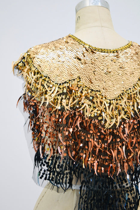 Vintage Gold Black Beaded Fringe Shawl Wrap Burlesque Wedding Flapper Gold Metallic Beaded Vintage Fringe Collar Shawl GOld Shawl Sharmark