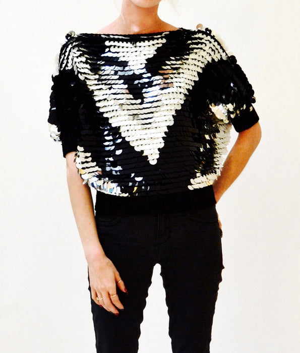 Vintage Black Sequin Shirt Black White Silver Small Dolman Batwing Sleeves 80s 90s Disco// Vintage Black Metallic Sequin Top Large Sequins