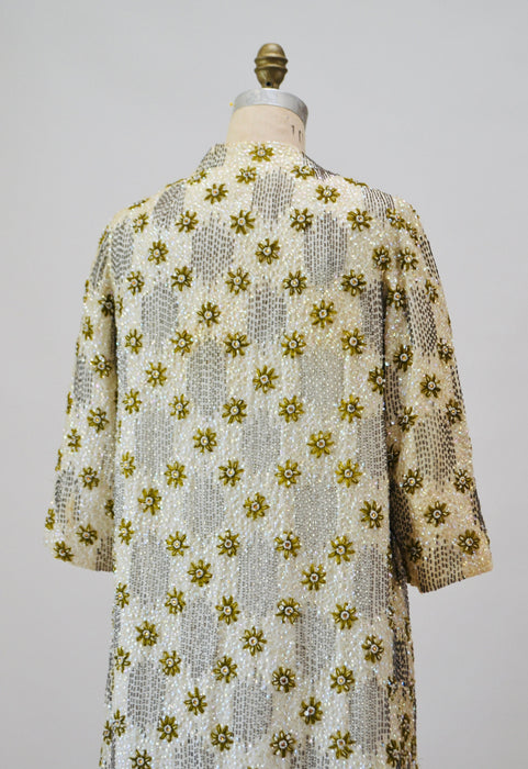 50s 60s Vintage Cream Gold Sequin Beaded Dress and Jacket Small Medium 1950s 60s Wedding Sequin Dress Jacket Flower Beaded Suit Miss Ruth