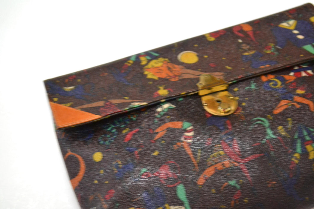 Vintage Piero Guidi Magic Circus Bag Clutch Bag Purse Made In Italy Vintage Coated Canvas Bag Brown Leather Bag Envelope Clutch Bag 70s