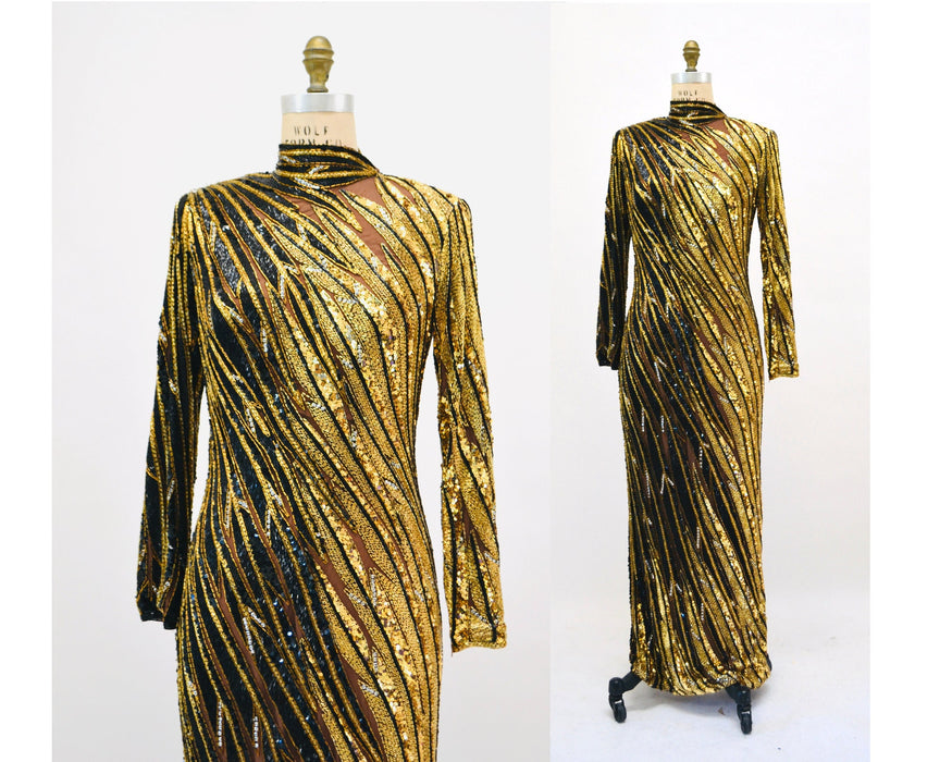 80s 90s Vintage Black Gold Beaded Sequin Gown Dress Bob Mackie Gold Black Tiger Stripe Long Sleeve Sequin Pageant Dress Cher Medium Large