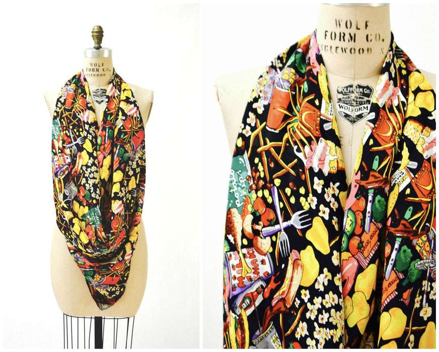 90s Vintage Nicole Miller Silk Large Scarf Junk Food Scarf Candy Chocolate Ice Cream And Sugar Pop Art