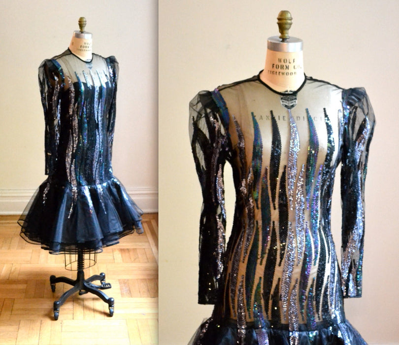 Vintage 80s Black Sheer Sequin Dress by Victor Costa Small// 80s Black Metallic Sequin Prom Party Dynasty Dress Long Sleeve Ruffle Skirt