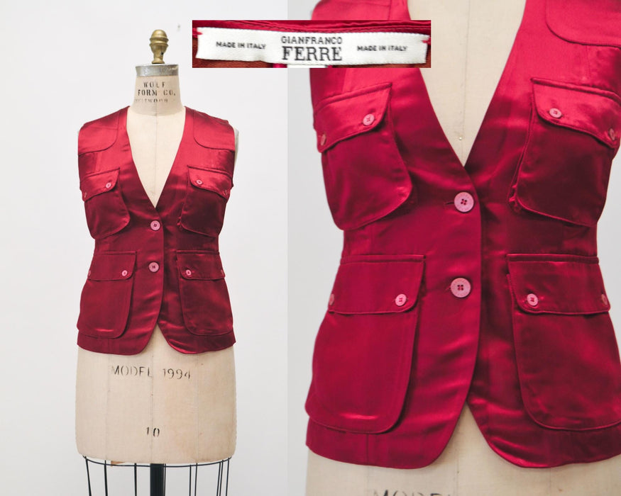 80s 90s Vintage Red Burgundy Satain Vest Medium by Gianfranco Ferre Vest Red Satin Cargo Vest Designer vintage Womens Red Gilet Vest Small
