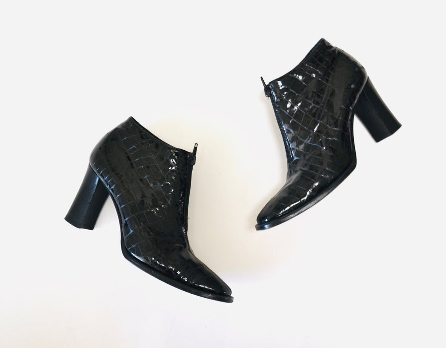 90s 00s Black Patent Leather Cropped High heel Boots 37 1/2 7 1/2 by Omari Made in Italy Cropped Reptile Patent Leather Booties Size 37 1/2