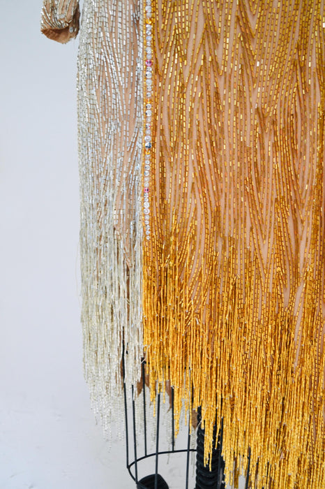 80s Vintage Gold Sequin Bob Mackie Dress Black white Beaded Sequin Fringe Dress Medium I.MAGNIN Bob Mackie  Asymmetrical Fringe Dress