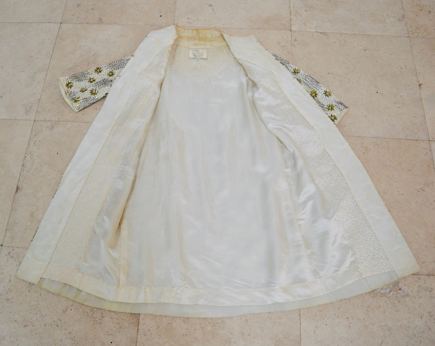 50s 60s Vintage Cream Gold Sequin Beaded Dress and Jacket Small Medium 1950s 60s Wedding Sequin Dress Jacket Flower Beaded Suit Miss Ruth