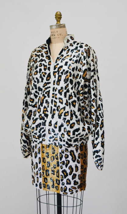 80s 90s Vintage Sequin Jacket Skirt Medium Leopard Cheetah Animal Pattern// 90s Glam Metallic Sequin Jacket Skirt Set Modi Sequin