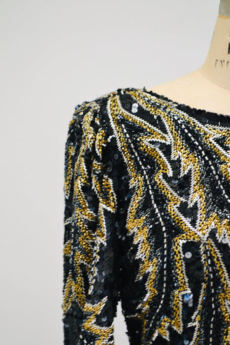 90s Vintage Black Beaded Sequin Party Dress Small Medium// 80s 90s Pageant Formal Black beaded Dress long sleeves Small Silk LIllie Rubin