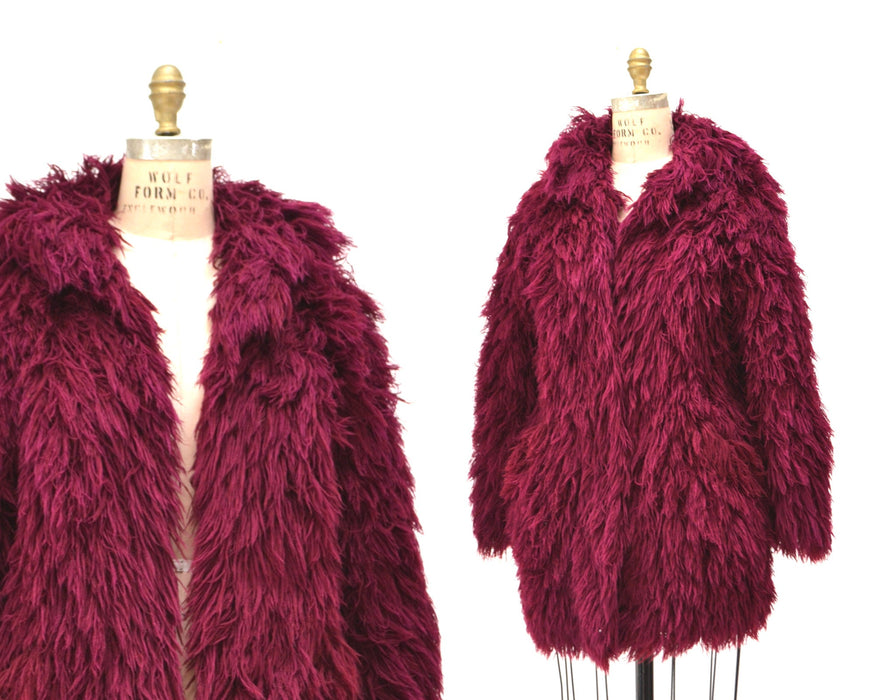 70s Vintage Shag Fur Jacket Faux Fur Jacket Coat Size Medium Red Wine Burgundy Vintage Vegan Shag Fur Jacket Coat Boho Retro Fur Jacket