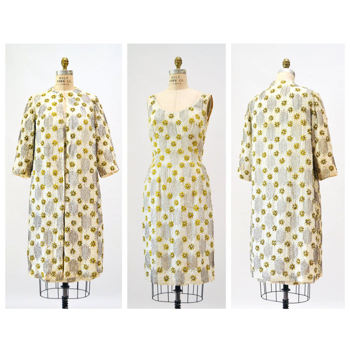 50s 60s Vintage Cream Gold Sequin Beaded Dress and Jacket Small Medium 1950s 60s Wedding Sequin Dress Jacket Flower Beaded Suit Miss Ruth