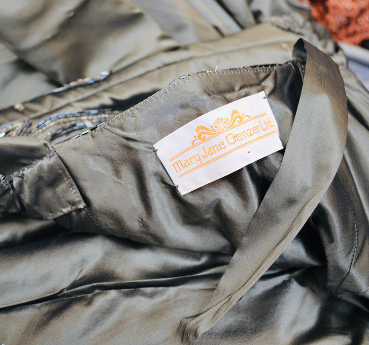 80s 90s Vintage Gray Silk Party Dress And Ruffle Jacket Beaded Rhinestone 90s Cocktail Dress Jacket Small Medium By Mary Jane Denzer