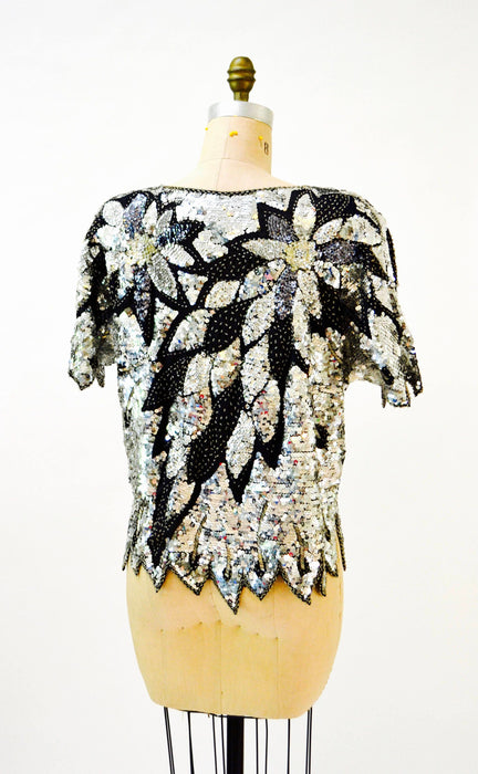 Vintage Silver Sequin Shirt Top Metallic Silver Black Art Deco Flapper Inspired// Vintage Flapper Beaded Shirt Top Silver Black Sequins