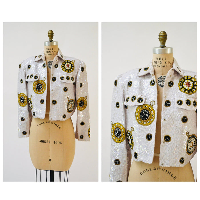 80s 90s Vintage White Sequin Jacket// Vintage White Sequin Boat Party Jacket Stars Nautical Talk of the Walk Casino French Collizioni Modi