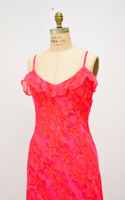 Vintage Betsy Jonhson Dress 00s Y2K Bias Cut Pink Red Dress Snake Print Chiffon Slip Dress Medium Large// 90s Pink Snake Print Tank Dress