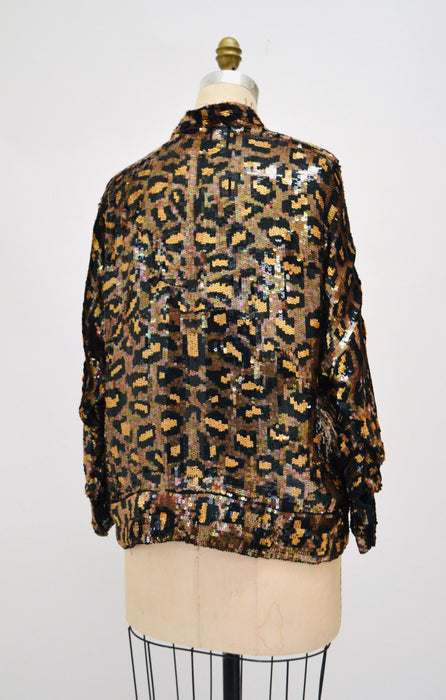 80s 90s Vintage Sequin Jacket Black Small Medium Large Leopard Cheetah Animal Pattern// Glam Vintage Black Sequin Jacket Animal Modi Medium