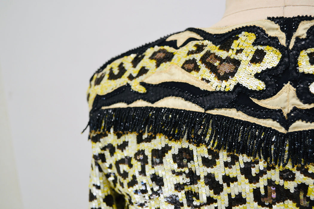 80s Vintage Valentino Sequin Jacket Leopard Cheetah Animal Pattern Beaded Fringe// Vintage Valentino Sequin Beaded Jacket Small Medium