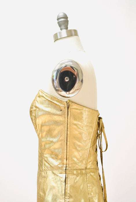 90s Metallic Gold Leather Dress by Michael Hoban North Beach Leather Lace Up Corset Strapless Dress Body con lace up dressSize Small Medium
