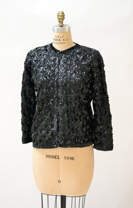 50s Vintage Black Sequin Jacket Sweater Cardigan Small Medium // Glam Vintage Black Sequin Party Jacket Cardigan Sweater Small Medium