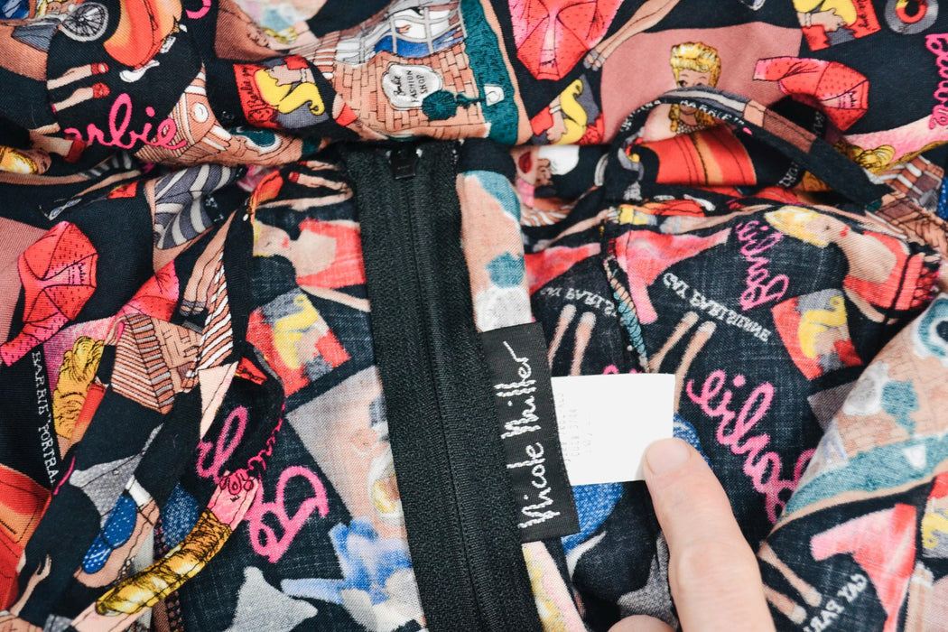 90s BARBIE Print Tank Dress Nicole Miller XS womens Girls Tween 10/12 // Vintage Barbie Doll Print Mini Cami Dress 90s Pop Art Fashion Print