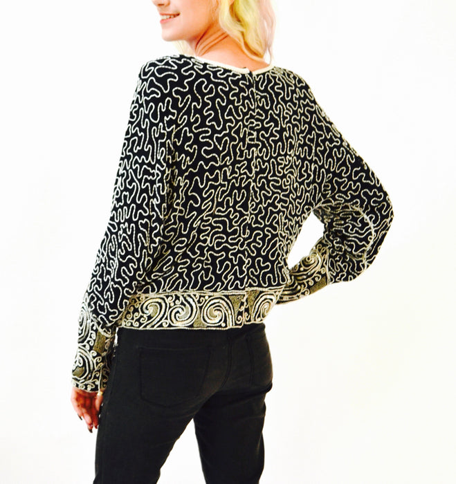 80s 90s Vintage Beaded Sequin Shirt Top Black White Silver Medium Large Art Deco Flapper Inspired Beaded Top Shirt Judith Ann Creations