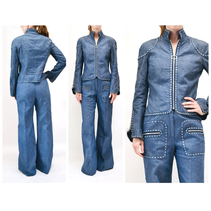 70s Authentic Vintage Rhinestone Denim Jacket shirt Bell Bottom Jeans Pants Set Medium Large by Ayako