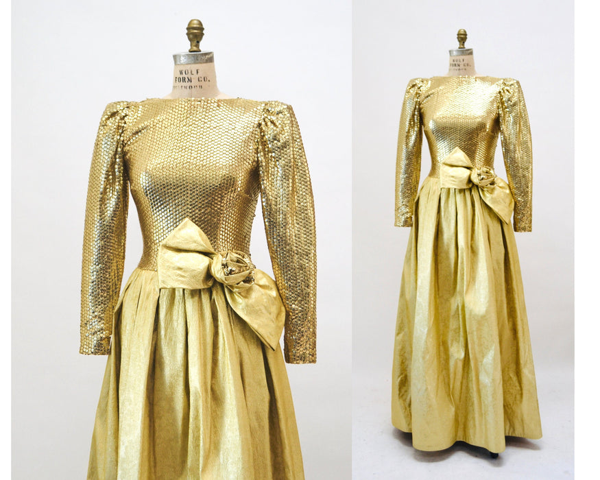 70s 80s Gold Sequin Metallic Ball Gown Dress 80s Gold Sequin Prom Dress Small Medium By Mignon // 80s Vintage sequin Gold Pageant Dress