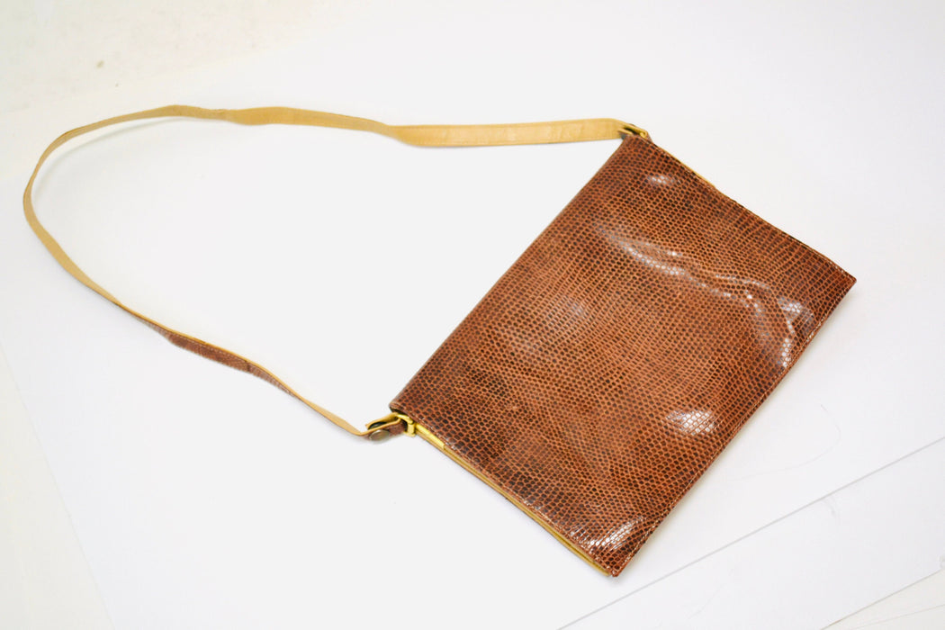 70s Vintage Brown Leather Envelope Bag Clutch Brown Tan Leather Snakeskin Shoulder Bag// Brown Patent Leather Snake Skin Bag Purse