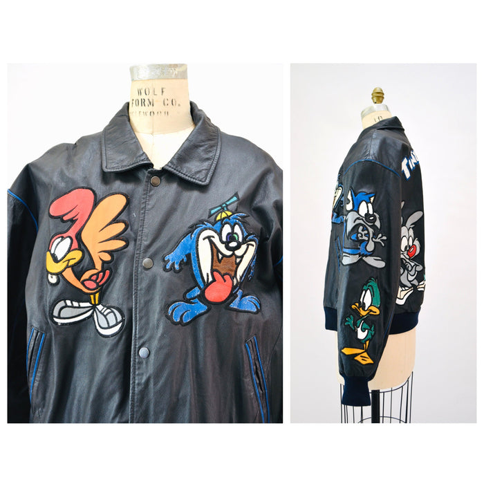 80s 90s Vintage Tiny Toons Adventures Leather Jacket Looney Tunes Cartoon Large Montana Toons Leather Jacket Warner Bros Taz Bugs Bunny