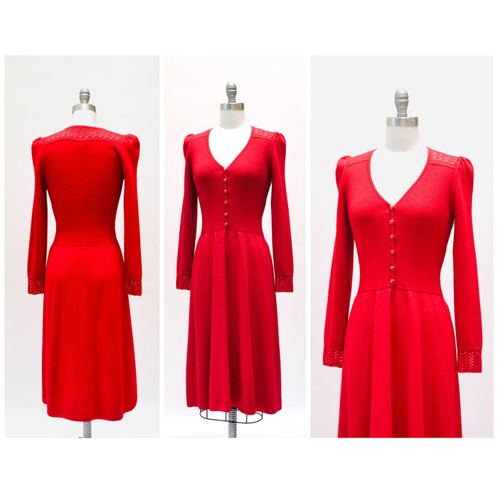 70s 80s Vintage Red St John Dress Lillie Rubin Red Knit Dress St John // 70s 80s Red Sweater Knit Dress XS Small Crochet Designer Dress