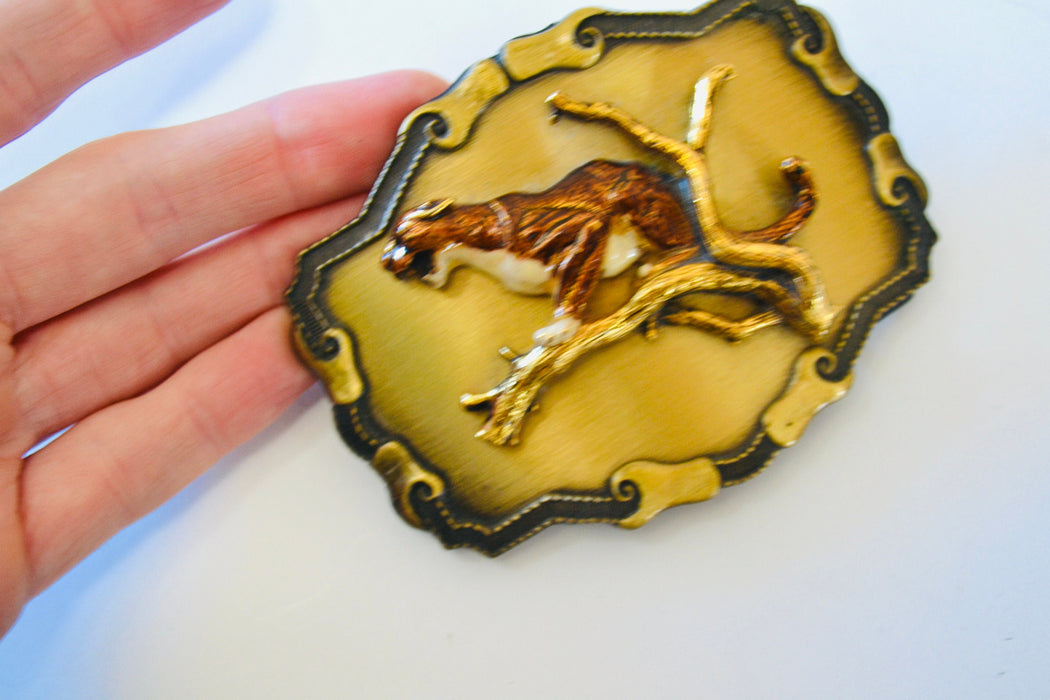 70s 80s Vintage Brass Cheetah Leopard Belt Buckle Metallic Big Cat Belt Buckle Large Cat Brass Gold Cheetah Belt Buckle by Raintree Buckle