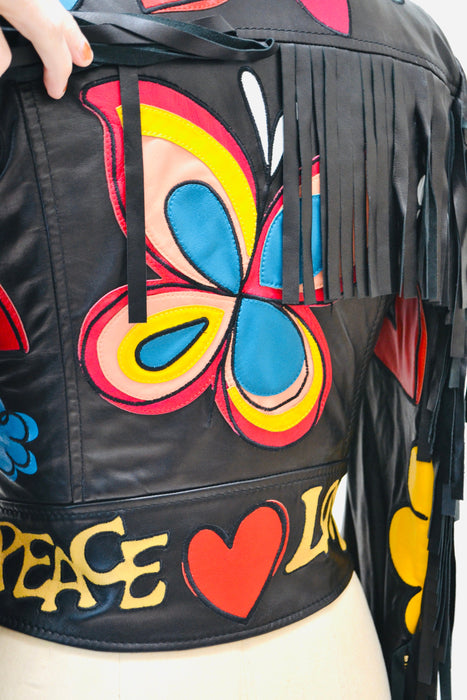 2000s Black Leather Jacket by Moschino with Fringe Make love Not War Heart Flowers Peace Small Medium// Black Leather Biker Fringe Jacket