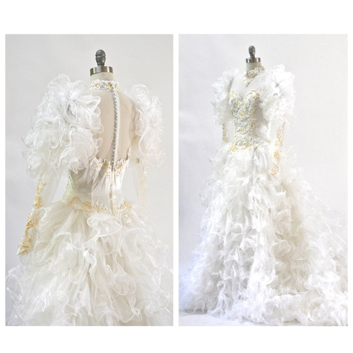 Vintage 80s 90s Wedding Dress GOWN White Sequin Ruffle 80s 90s Wedding Gown Dress Small Medium Long Sleeve High Neck Sequin Beaded Dress