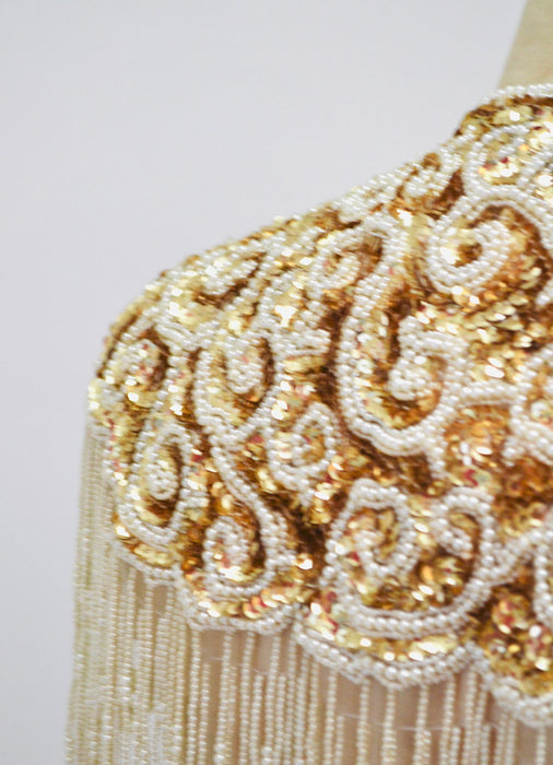 Vintage Gold Pearl White Cream Beaded Sequin Shawl Wrap Burlesque Wedding Flapper Gold Metallic Beaded Wedding Vintage Fringe Collar Shawl